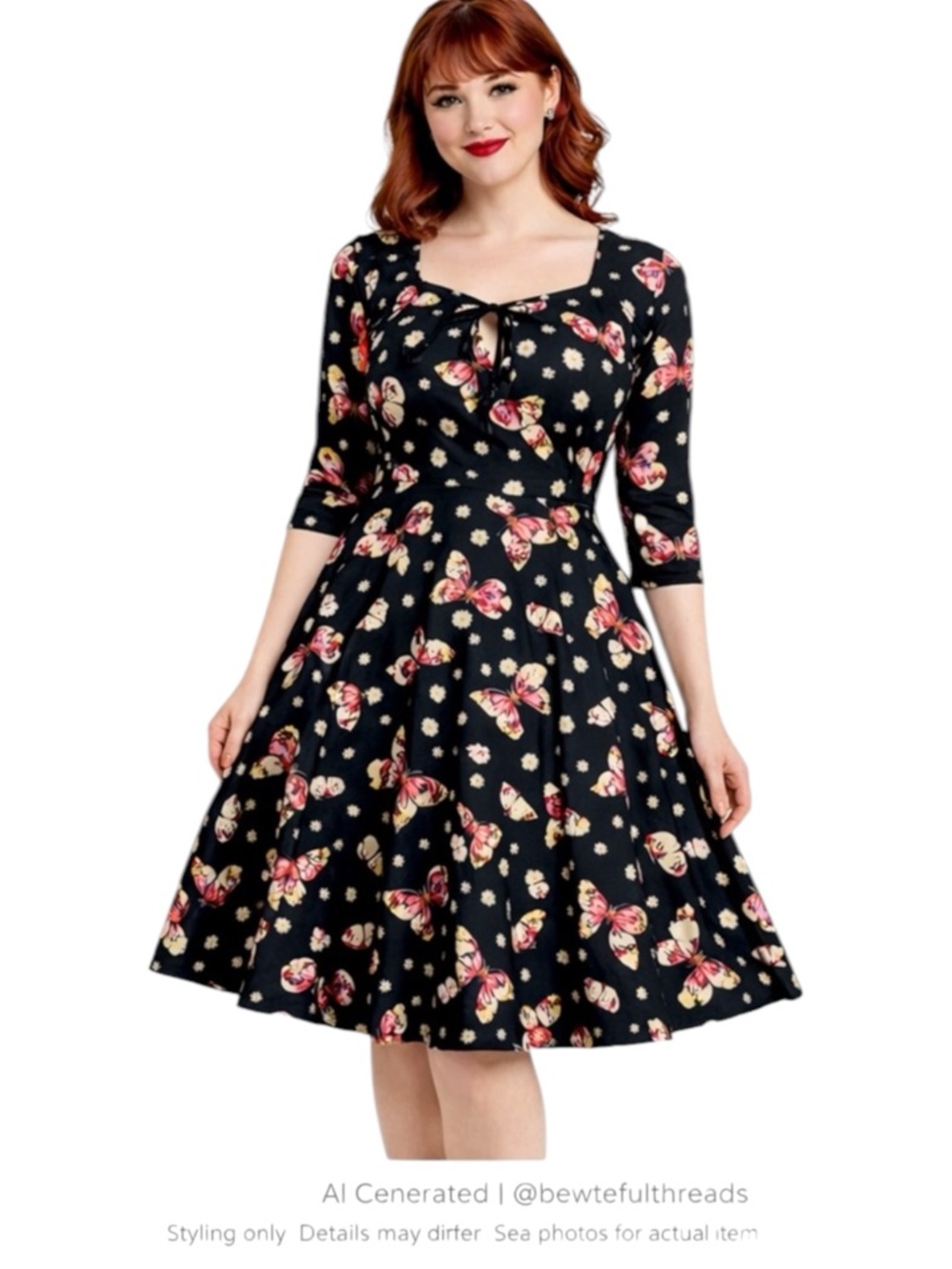Cherry Velvet Black Butterfly Dress Retro Coquette Pin-Up Fit & Flare S